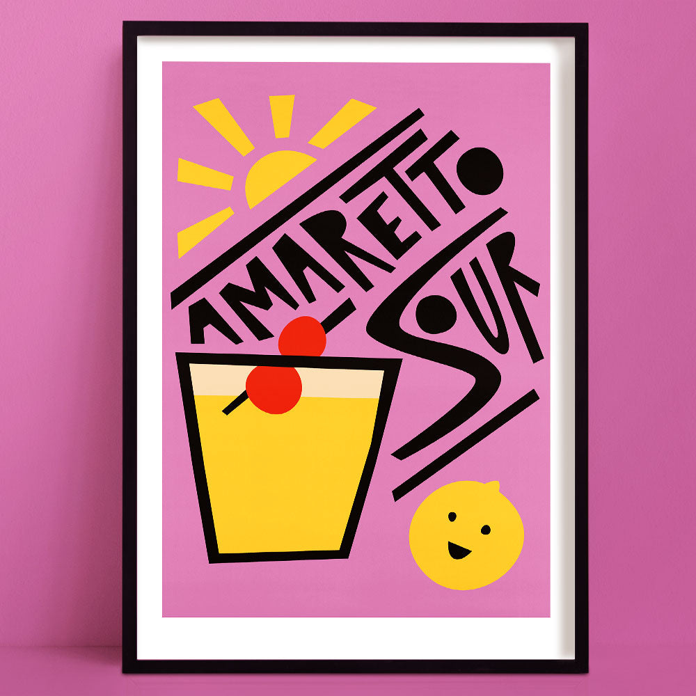 Amaretto Sour cocktail art print with sunbeam graphics, bold angled type, and a cherry-topped glass on a cheerful lilac background.