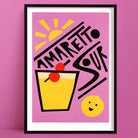 Amaretto Sour cocktail art print with sunbeam graphics, bold angled type, and a cherry-topped glass on a cheerful lilac background.