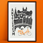 A stylised black-and-white Amsterdam skyline featuring canal bridges and stepped gables, punctuated by a vivid orange bicycle at the base.