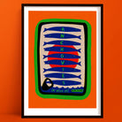 Anchovies in olive oil art print in black frame, retro tin illustration with bold colours