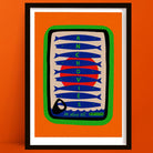 Anchovies food print in olive oil, in black frame, retro tin illustration with bold colours