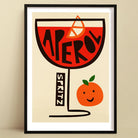 A bold Aperol Spritz cocktail illustration with playful typography and a smiling orange on a neutral wall.