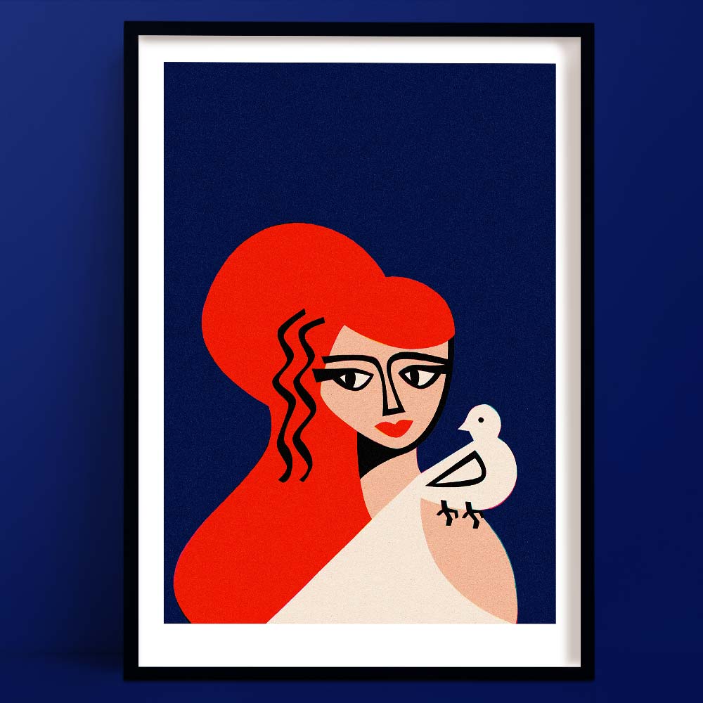 A bold modern portrait titled “Aphrodite” featuring a stylised woman with flowing red hair and soft peach skin holding a white dove, set against a deep navy background.
