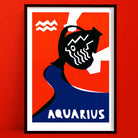 Aquarius zodiac art print featuring a stylised water bearer pouring zigzag lines, framed on a striking red background.
