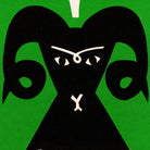 Close-up of Aries zodiac illustration showing sharp black horns, intense expression, and green backdrop.