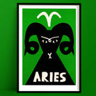 Aries zodiac art print featuring a stylised black ram with curled horns and the white Aries symbol, framed on bright green background.
