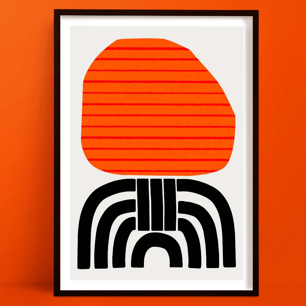A striking abstract print featuring a vibrant, textured orange shape with horizontal lines balanced above bold black geometric arches on a clean white background.
