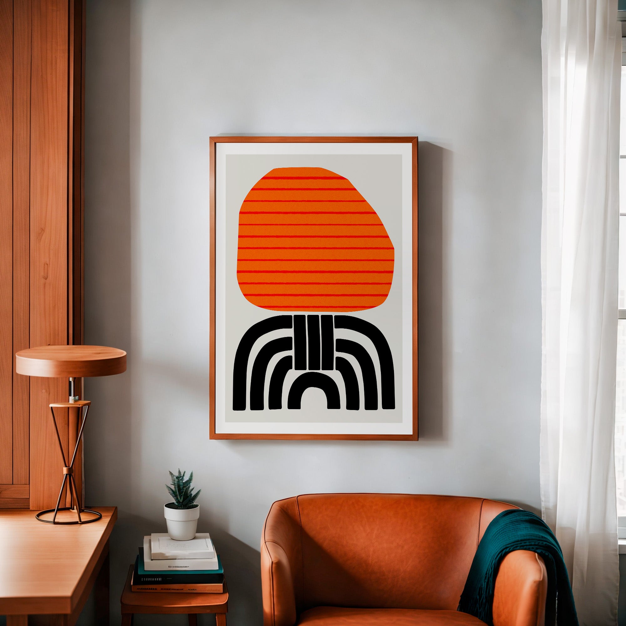 Aurelia print in a modern interior with warm lighting and mid-century accents, its bold colours and structured form making a confident, artful statement.
