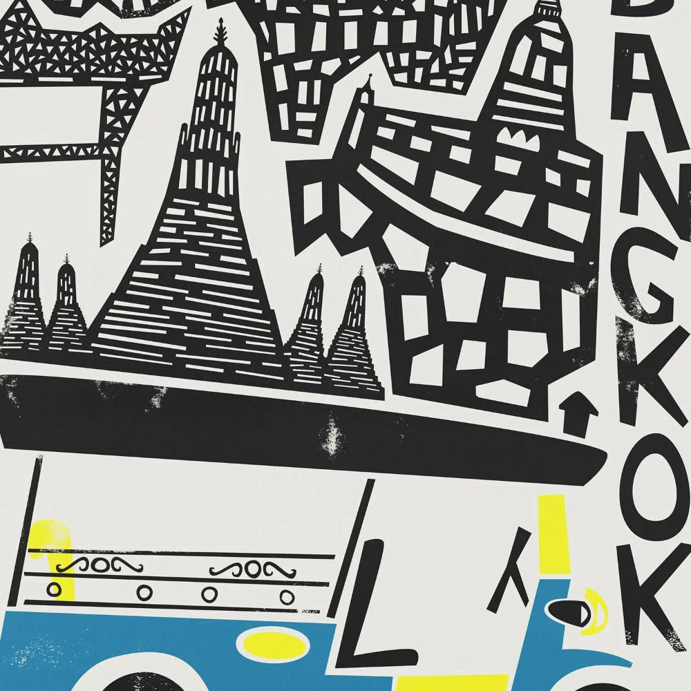 Close-up detail of the Bangkok city print showing hand-drawn linework of ornate temples and a retro tuk-tuk, celebrating Thai culture through bold shapes and colour.
