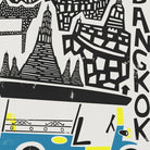Close-up detail of the Bangkok city print showing hand-drawn linework of ornate temples and a retro tuk-tuk, celebrating Thai culture through bold shapes and colour.
