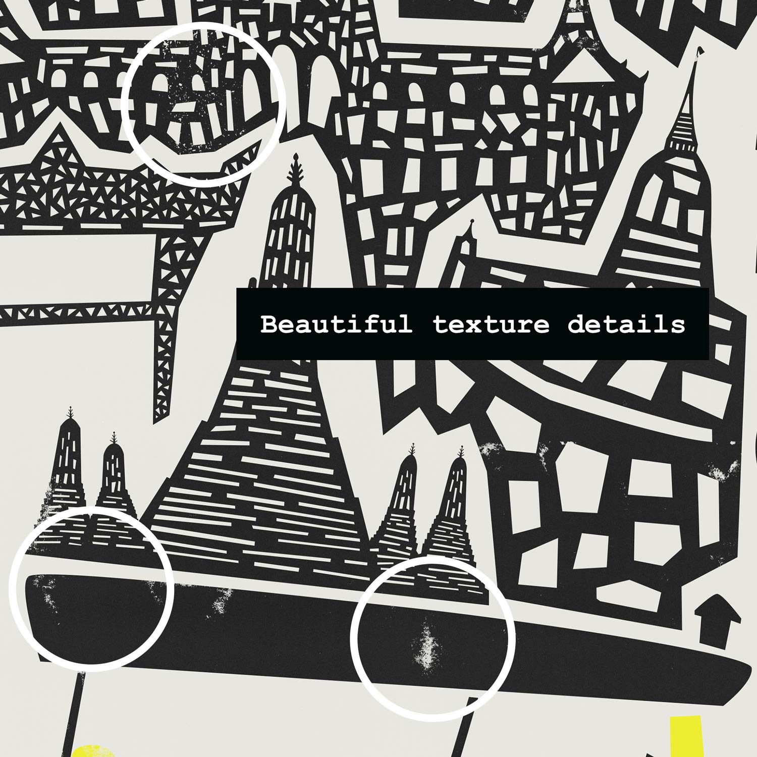 Close-up detail of the Bangkok city print showing hand-drawn linework of ornate temples and a retro tuk-tuk, celebrating Thai culture through bold shapes and colour.