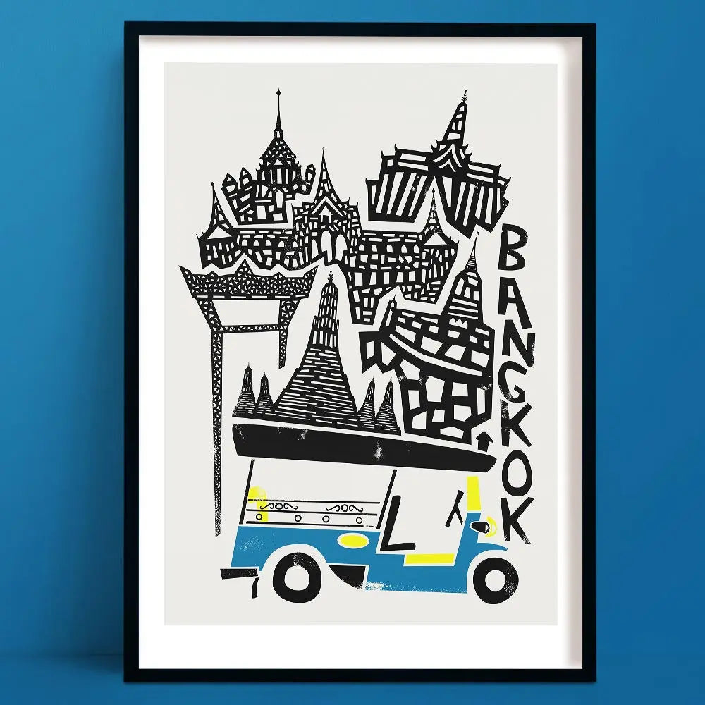 Bold graphic art print of Bangkok’s skyline featuring Thai temples and a charming tuk-tuk, designed in a playful, mid-century style with bright blue and yellow hues.
