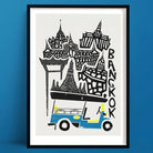 Bold graphic art print of Bangkok’s skyline featuring Thai temples and a charming tuk-tuk, designed in a playful, mid-century style with bright blue and yellow hues.
