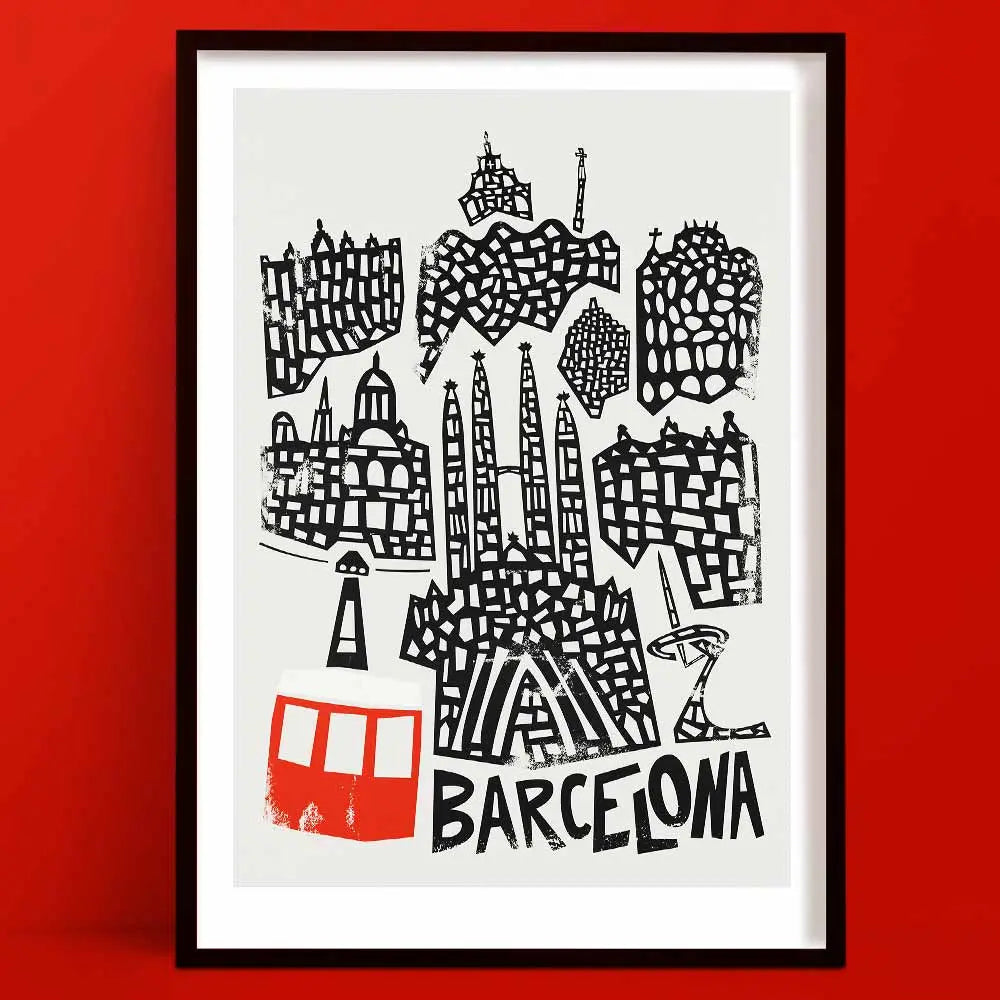 Stylised illustration of Barcelona with black line drawings of famous landmarks like Sagrada Família and Casa Batlló, anchored by a red cable car and bold “Barcelona” text.
