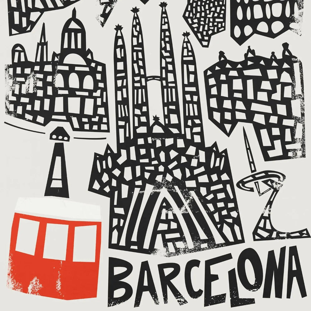 Close-up of the intricate black linework detailing Gaudí’s architectural influence, with the red cable car adding a pop of modern movement and contrast.
