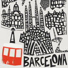 Close-up of the intricate black linework detailing Gaudí’s architectural influence, with the red cable car adding a pop of modern movement and contrast.
