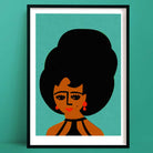Bold portrait art print featuring woman with high beehive hairstyle, framed on teal wall.