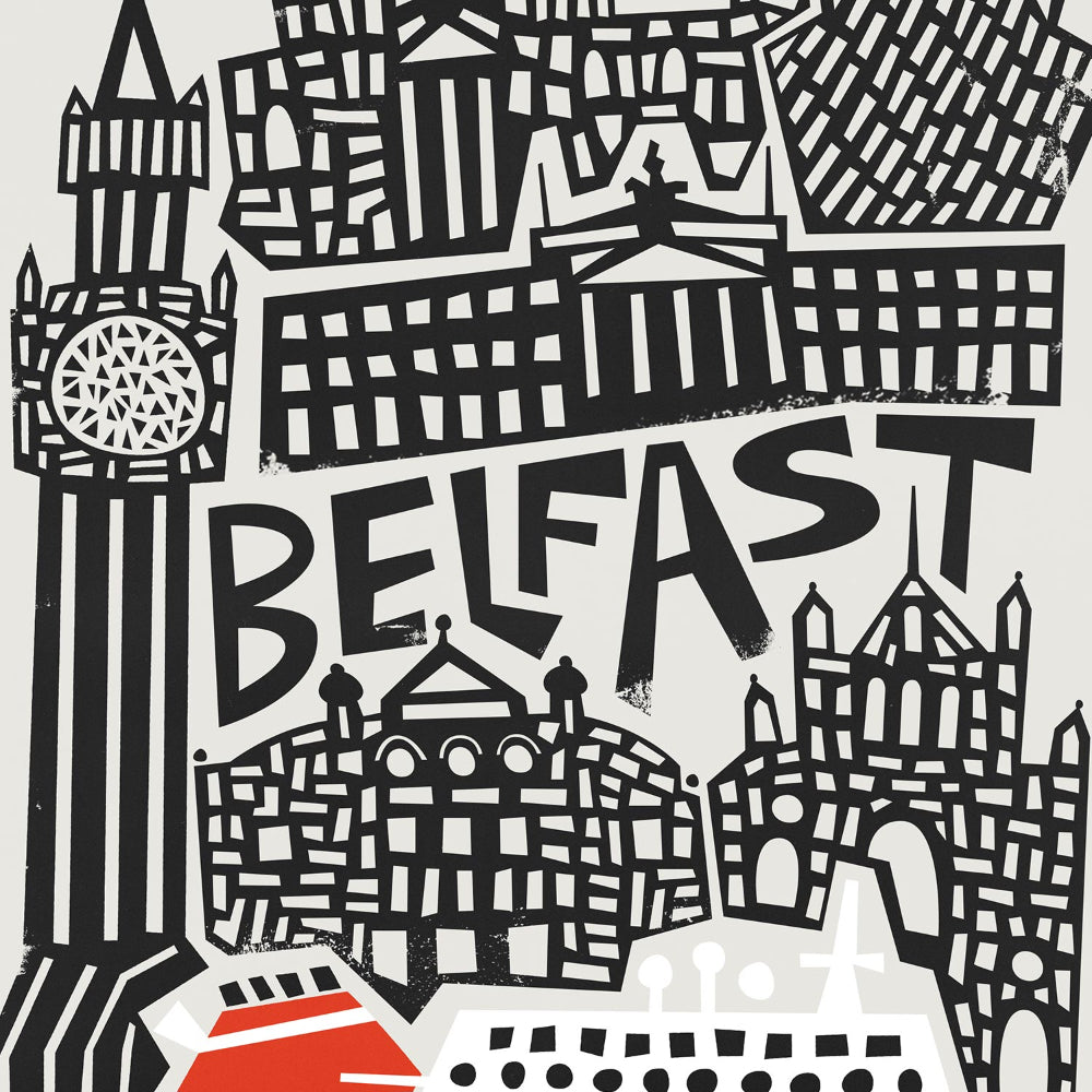 Close-up view of the Belfast print showing the angular architecture, clock tower, and signature red ferry, highlighting the city’s strong maritime character.