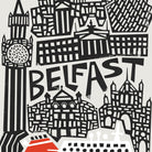 Close-up view of the Belfast print showing the angular architecture, clock tower, and signature red ferry, highlighting the city’s strong maritime character.