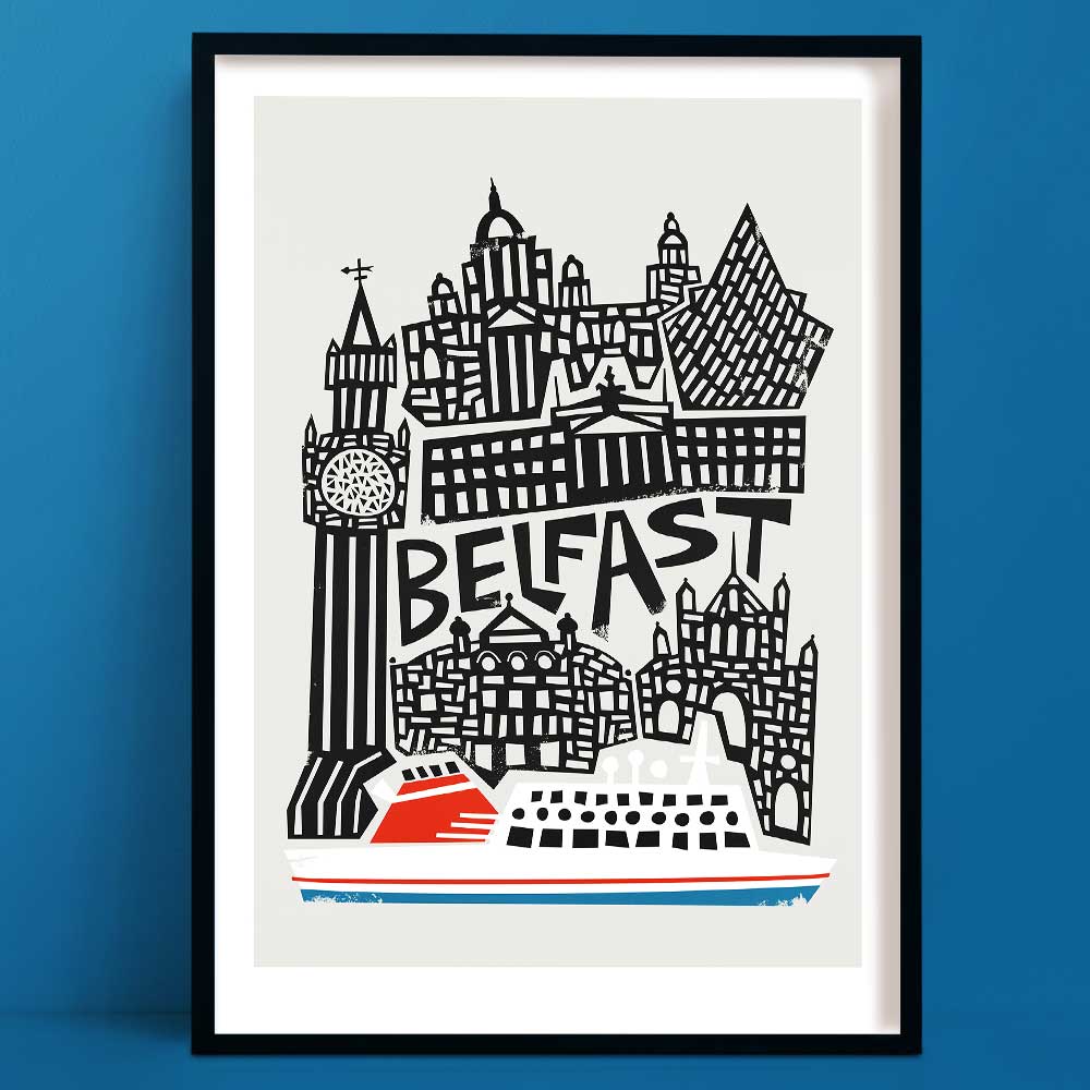 A bold black-and-white line illustration of Belfast’s skyline, with iconic landmarks stacked above a red and white ferry gliding along the bottom edge.