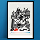 A bold black-and-white line illustration of Belfast’s skyline, with iconic landmarks stacked above a red and white ferry gliding along the bottom edge.