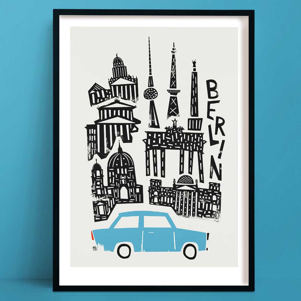 Bold illustrated Berlin print featuring iconic landmarks like the Brandenburg Gate, Berliner Dom, and Fernsehturm, with a charming pale blue car.