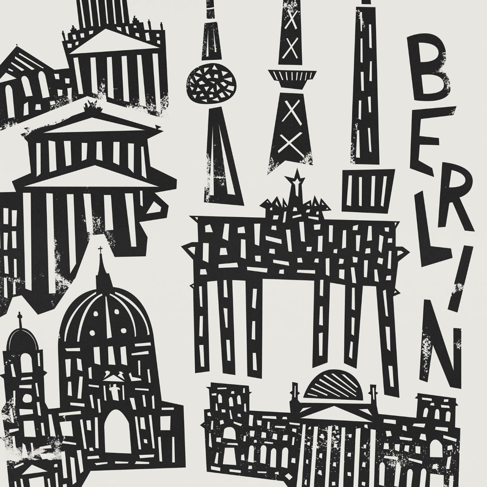 Close-up of the Berlin art print showcasing intricate hand-drawn details of the city’s historic and modern skyline, arranged vertically with energy.
