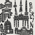 Close-up of the Berlin art print showcasing intricate hand-drawn details of the city’s historic and modern skyline, arranged vertically with energy.