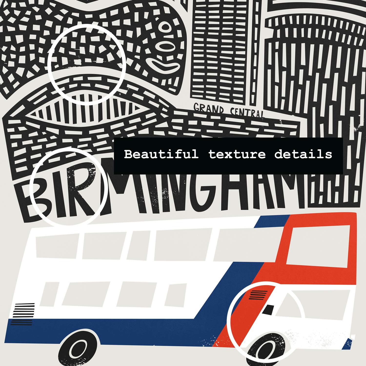 A close-up view of the Birmingham art print showing intricate building textures and the “BIRMINGHAM” text drawn by hand.