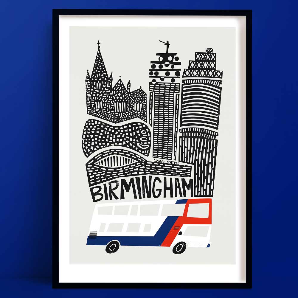 A monochrome illustration of Birmingham’s skyline, featuring bold architectural linework and a red, white, and blue double-decker bus.
