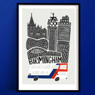 A monochrome illustration of Birmingham’s skyline, featuring bold architectural linework and a red, white, and blue double-decker bus.
