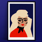 Striking portrait art print of blonde woman in bold red and black outfit on deep navy background.