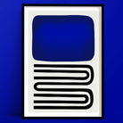 Framed abstract art print with bold blue block and curved black lines, set against blue wall.