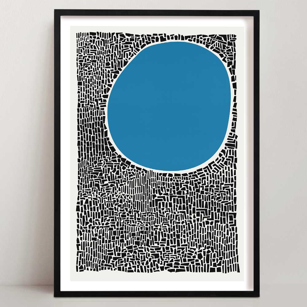 A minimalist abstract art print featuring a large hand-drawn blue circle on a background of dense black-and-white linework, creating a sense of texture and bold contrast.