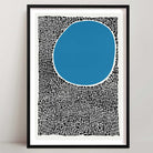 A minimalist abstract art print featuring a large hand-drawn blue circle on a background of dense black-and-white linework, creating a sense of texture and bold contrast.