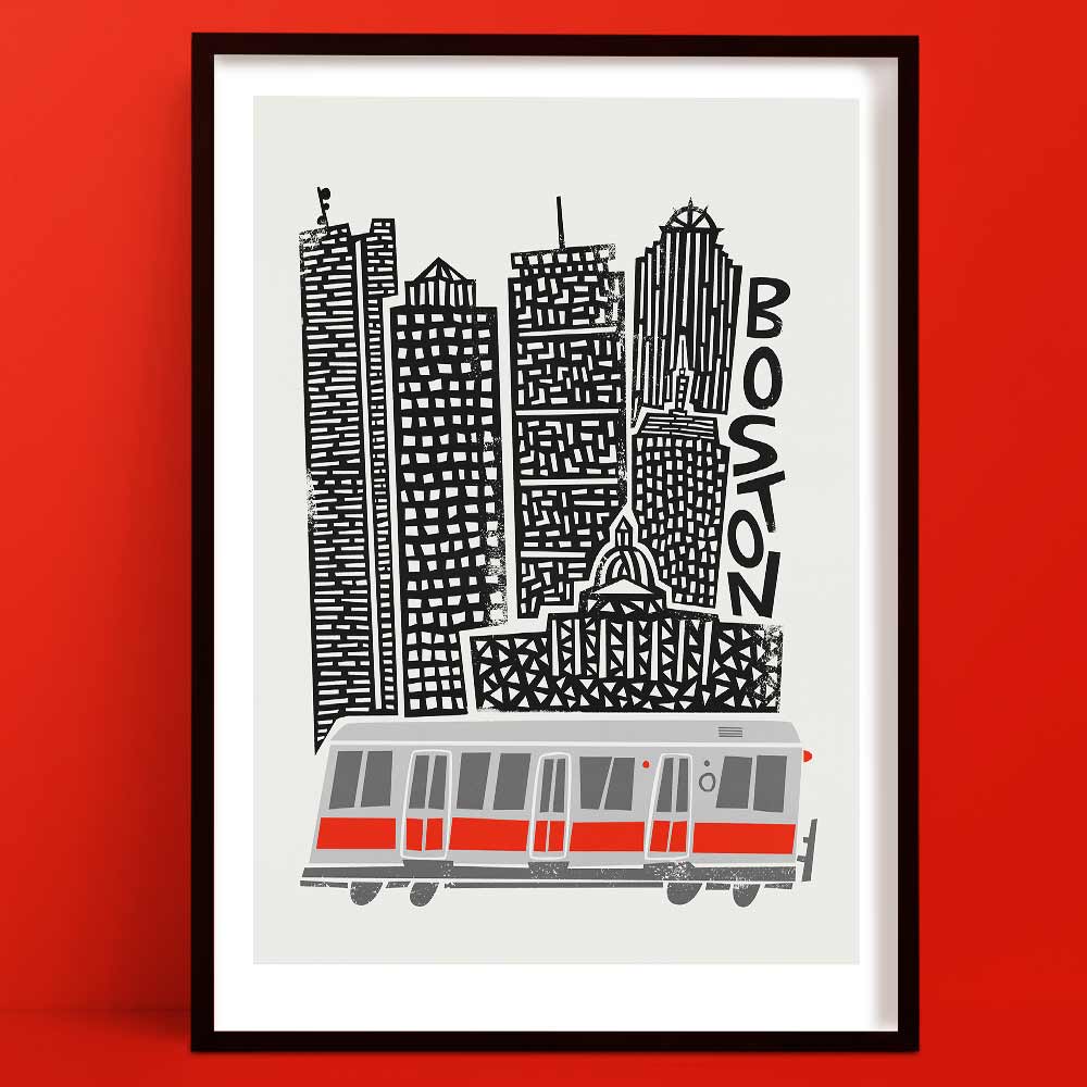 Bold Boston art print featuring iconic high-rise buildings and a red T-line subway car, drawn in a playful black-and-white line style with mid-century energy.