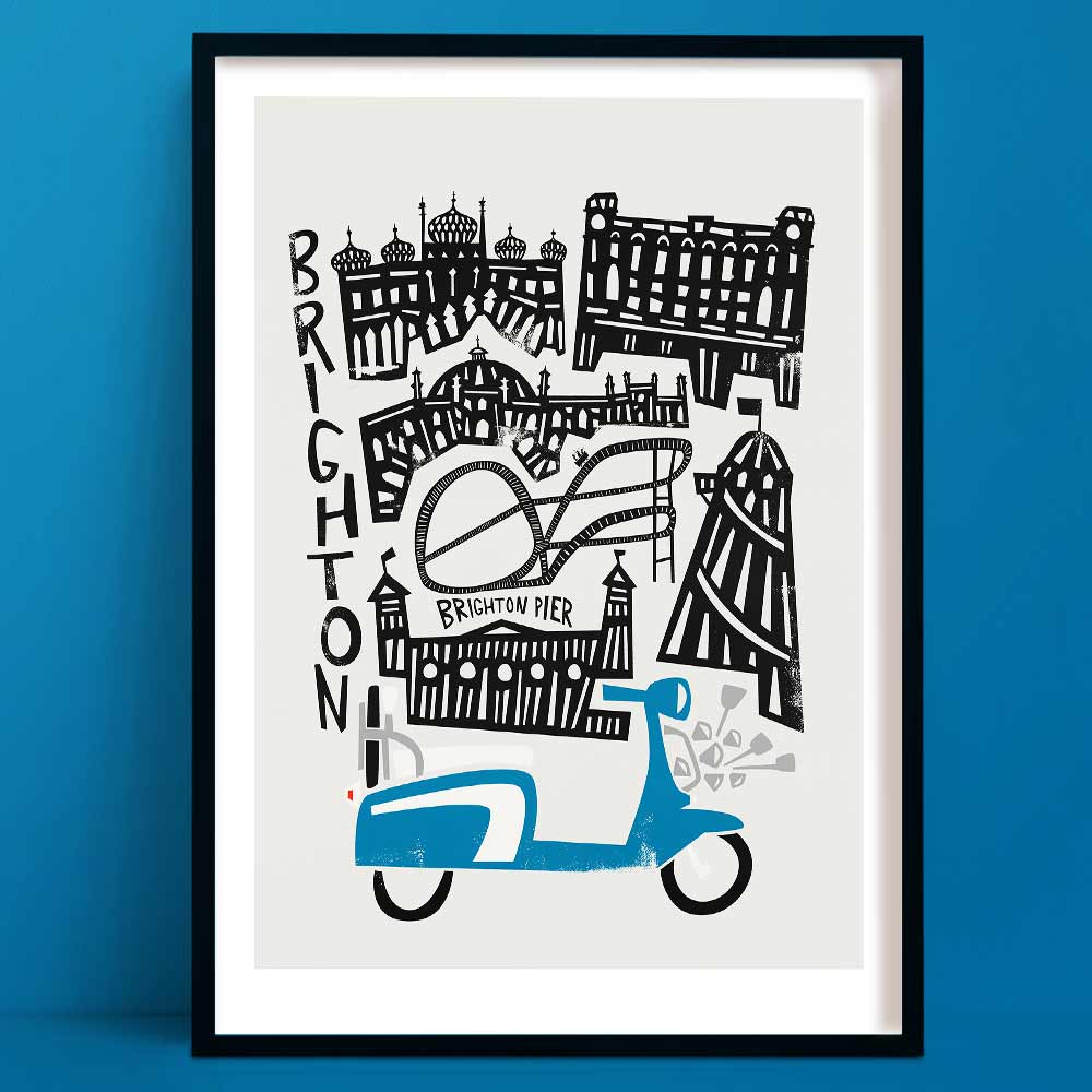 Illustrated Brighton city art print showcasing the Royal Pavilion, Brighton Pier, and seafront houses, topped off with a bold blue vintage-style scooter.
