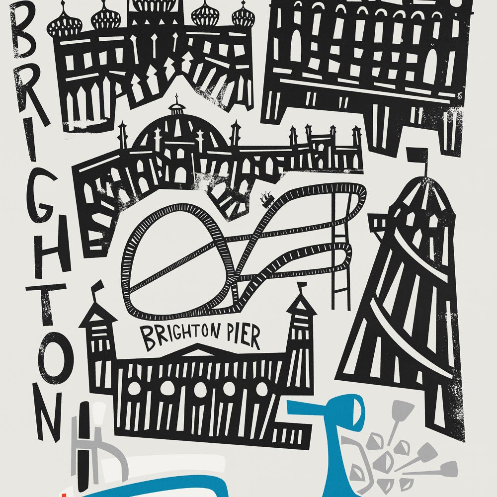 Close-up view of the Brighton art print highlighting hand-drawn architectural details, flowing lines, and retro scooter nestled among the landmarks.
