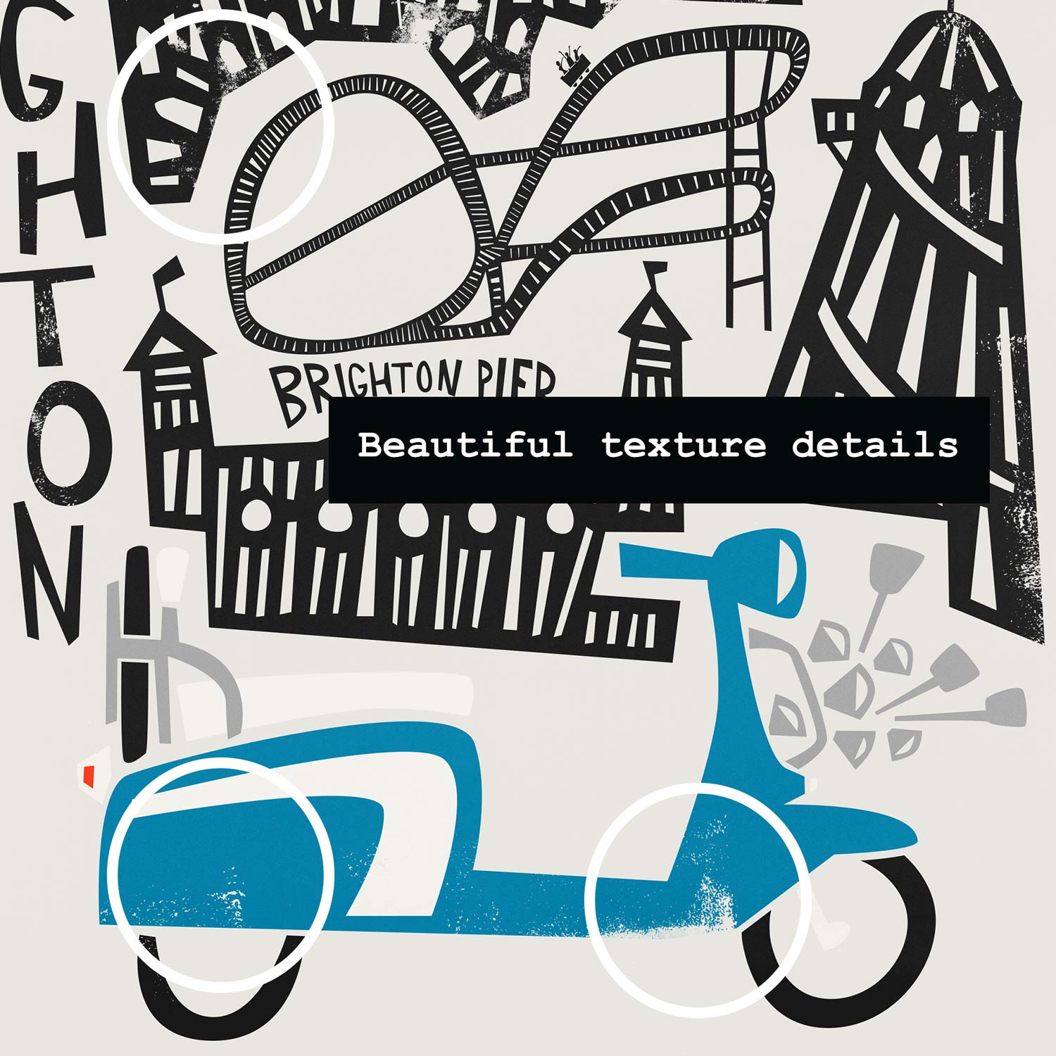 Close-up view of the Brighton art print highlighting hand-drawn architectural details, flowing lines, and retro scooter nestled among the landmarks.