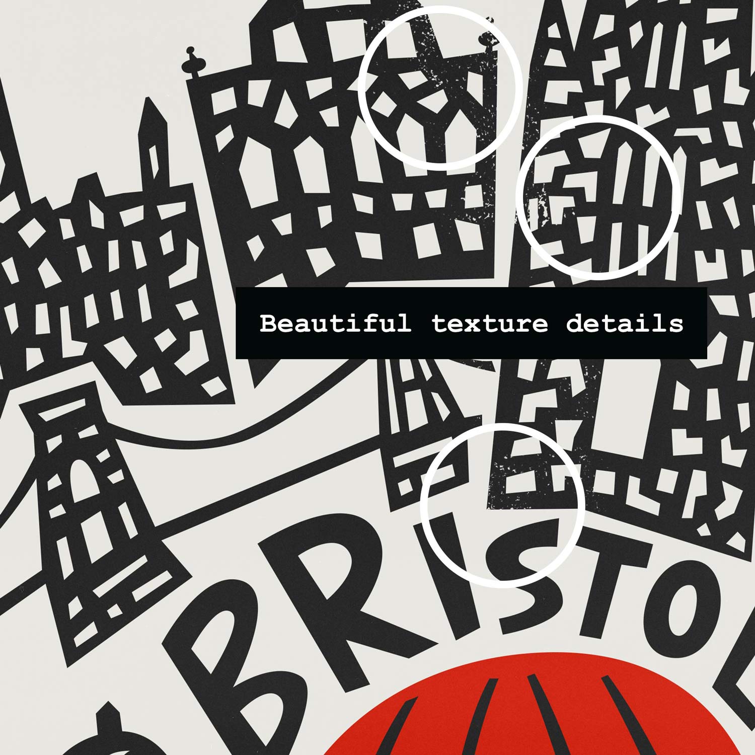 Detail of the Bristol city print showing hand-drawn buildings and the iconic red balloon.