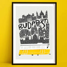 A bold black-and-white illustration of Budapest’s skyline, featuring historic landmarks and a vibrant yellow tram at the base.