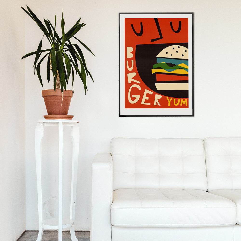 Burger Yum print featured in a modern white-walled lounge, bringing a pop of colour and fun food energy to the interior.