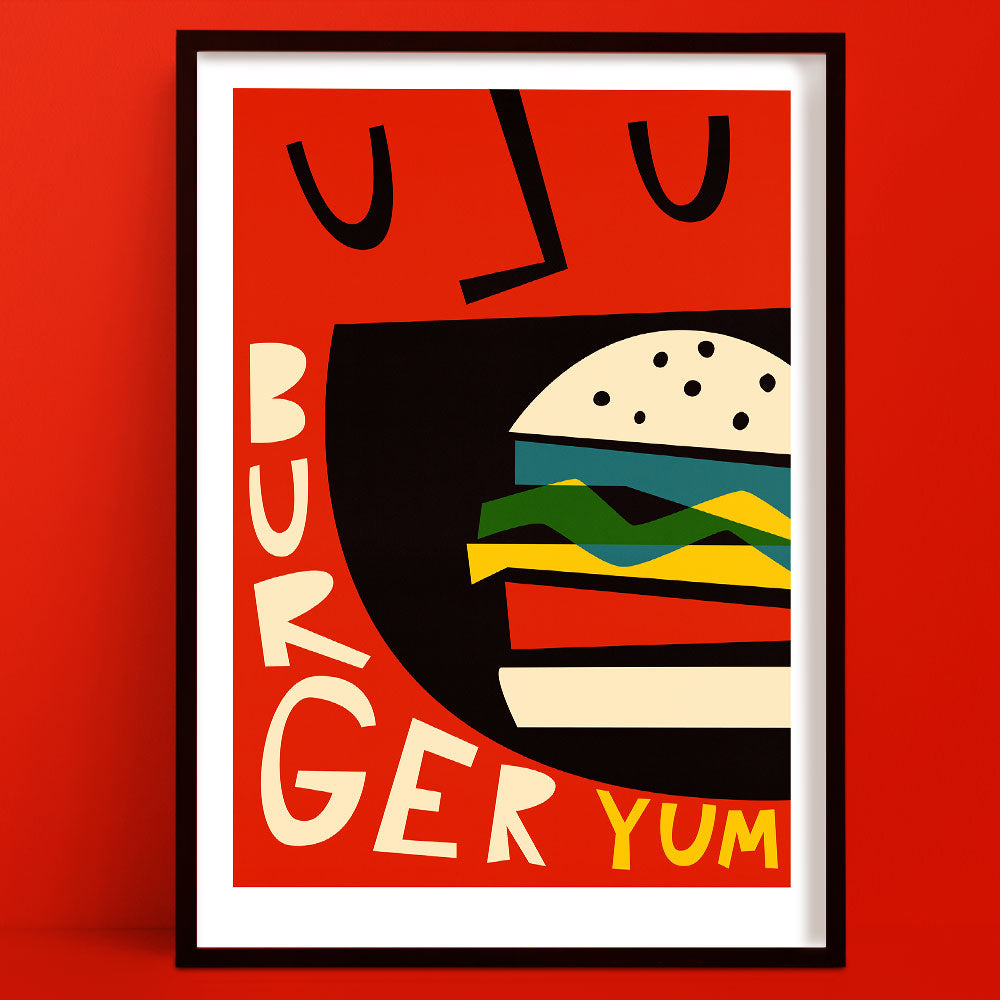 A vibrant, pop-art-style burger illustration featuring a layered cheeseburger about to be devoured, with playful typography spelling “YUM.”