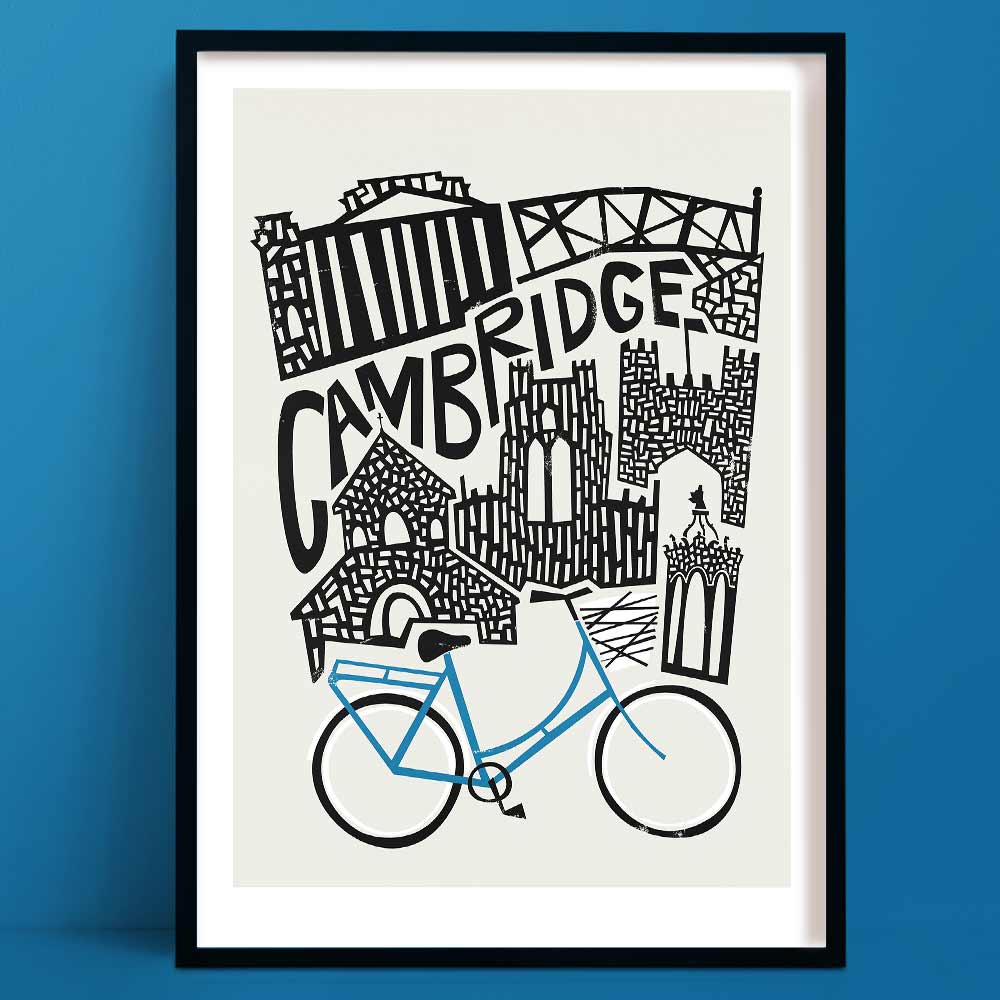 A monochrome cityscape illustration of Cambridge featuring iconic university buildings, turrets, and the Mathematical Bridge, with a bright blue bicycle below.