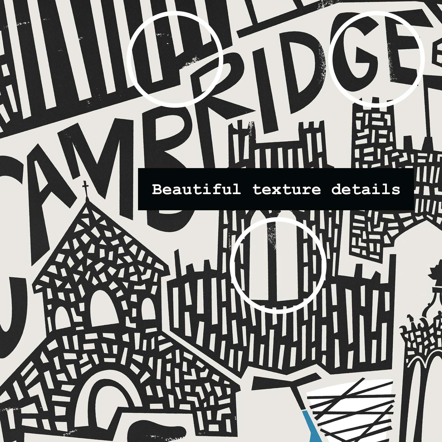 Close-up of the Cambridge print showing hand-drawn architectural features and the word “Cambridge” integrated into the cityscape with fine line detail.