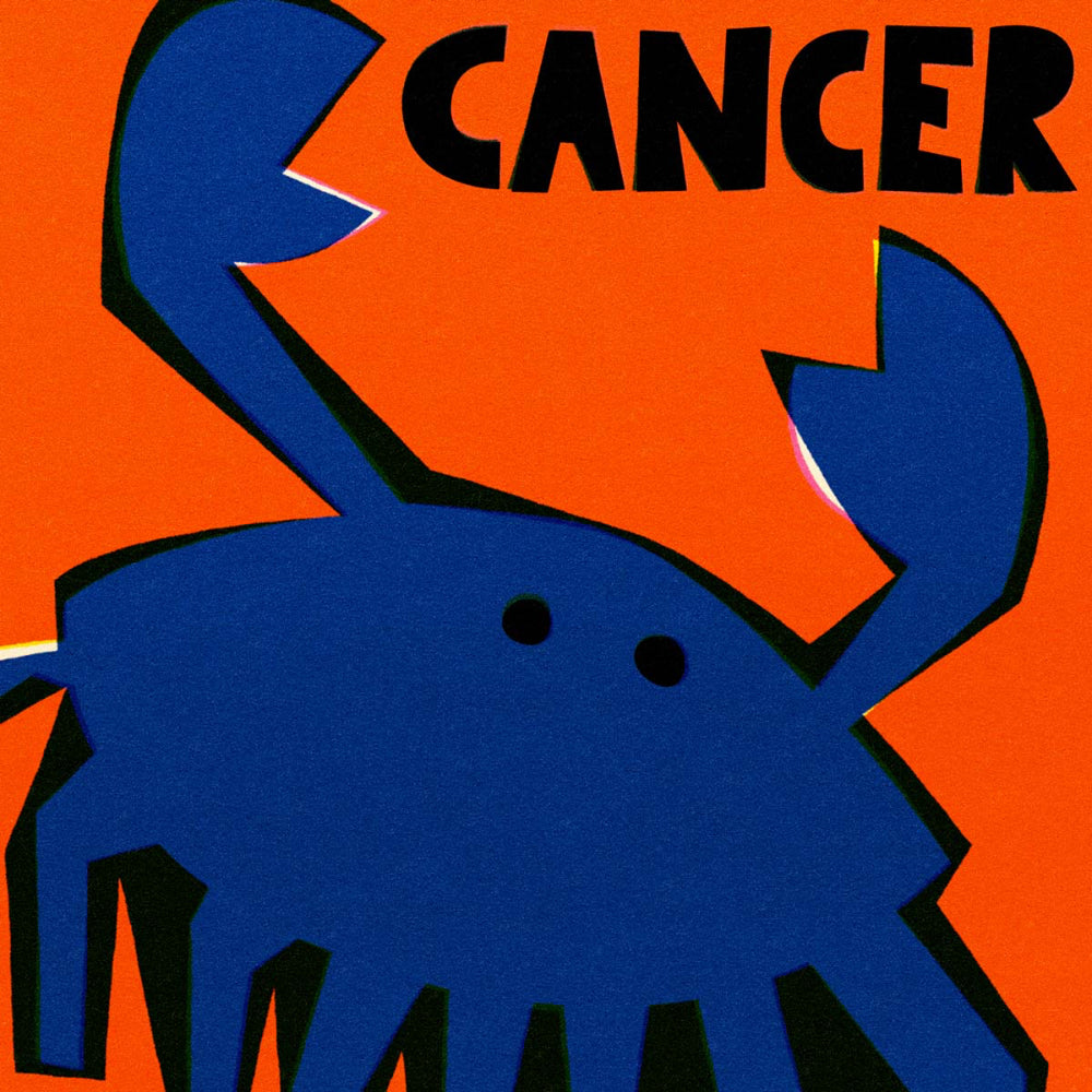 Close-up of the Cancer crab illustration showing curved claws, dotted eyes, and deep contrast between blue and orange.