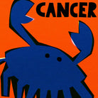 Close-up of the Cancer crab illustration showing curved claws, dotted eyes, and deep contrast between blue and orange.