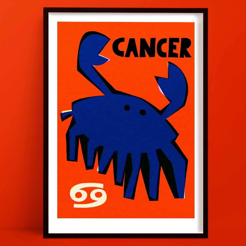 Cancer zodiac art print featuring a bold blue crab with raised claws and white Cancer symbol, framed on a bright red-orange background.