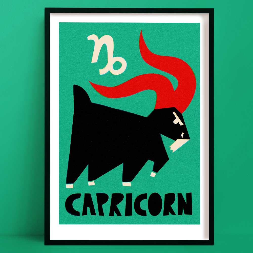 Capricorn zodiac art print featuring a stylised black goat with a red curved tail and white zodiac symbol, framed on a mint green background.