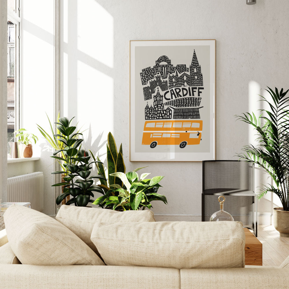 The Cardiff city print styled in a cosy living room with natural light and neutral décor, adding charm to the space.